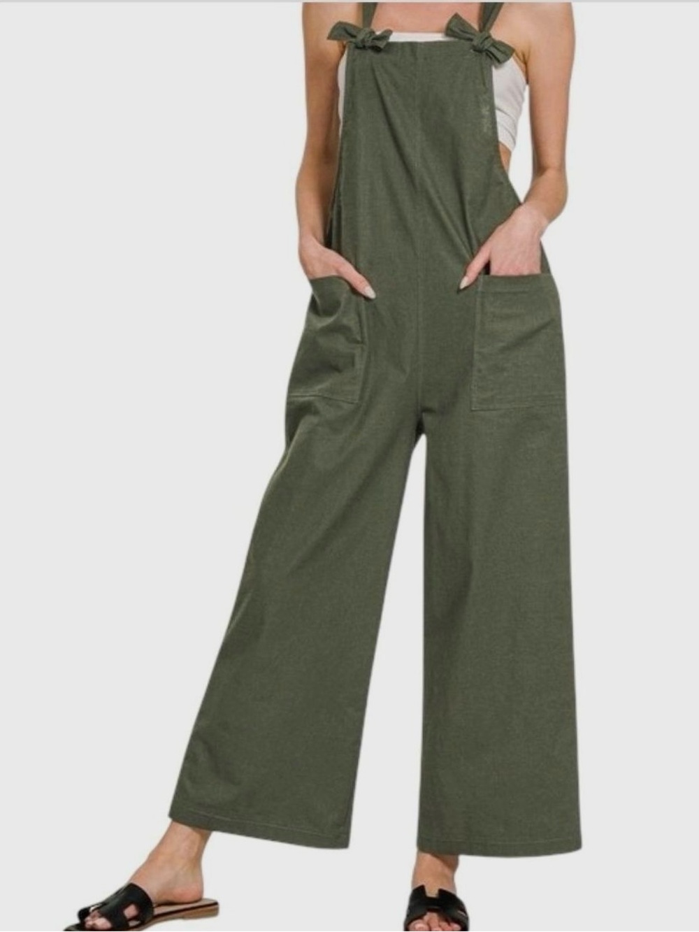 Zenana Dark Olive Green Wide Leg Tie Strap Woven Cotton Overalls S L NWT